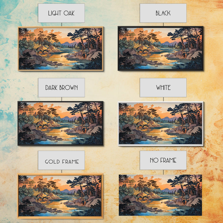 Golden River Forest Wall Art, Japanese Landscape Print, Pine Woodland Canvas, Nature Inspired Living Room Home Decor Gift