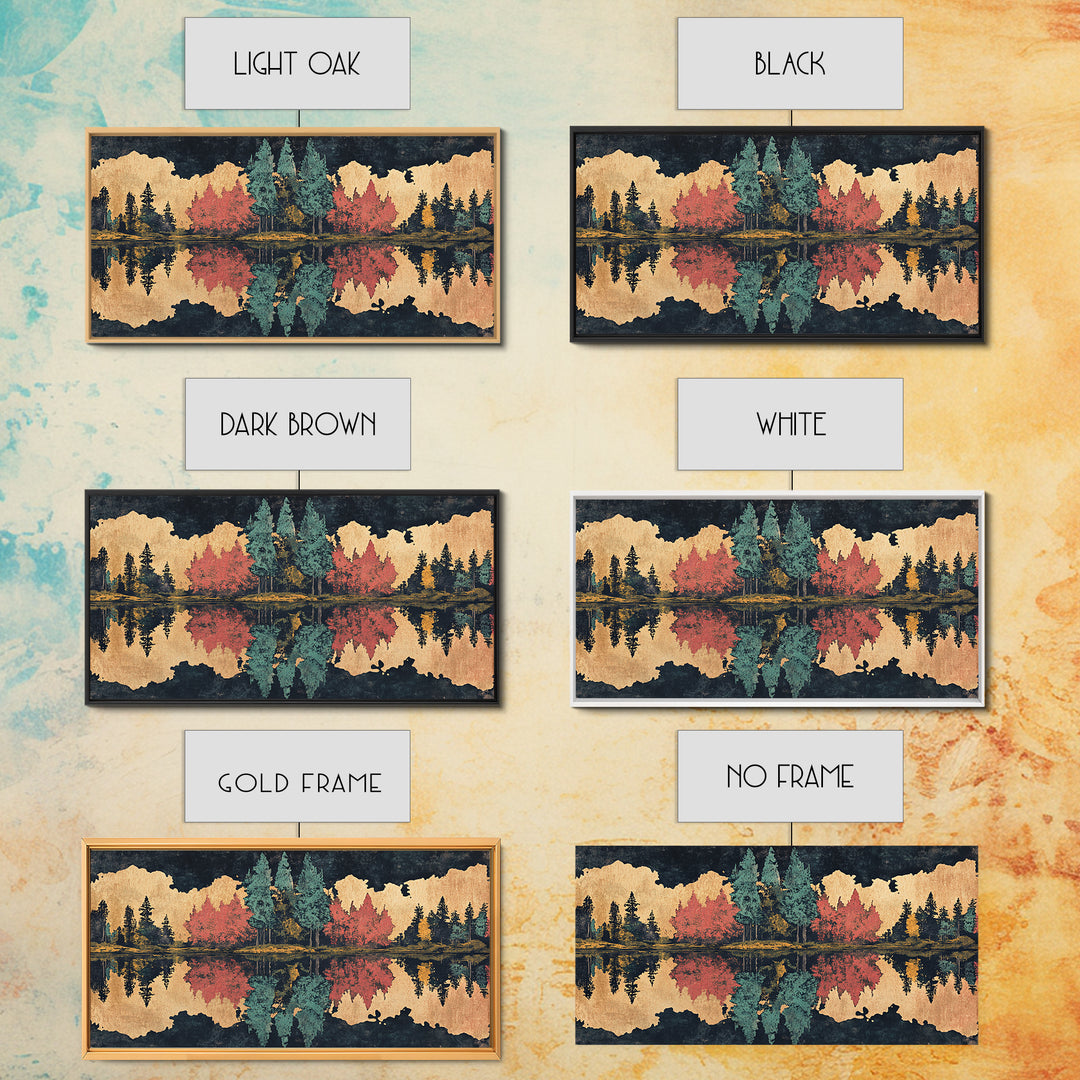 Autumn Forest Lake Reflection Wall Art, Abstract Landscape Print, Panoramic Canvas Decor For Living Room And Cabin, Rustic Home Decor Gift