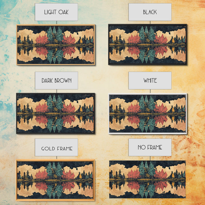 Autumn Forest Lake Reflection Wall Art, Abstract Landscape Print, Panoramic Canvas Decor For Living Room And Cabin, Rustic Home Decor Gift