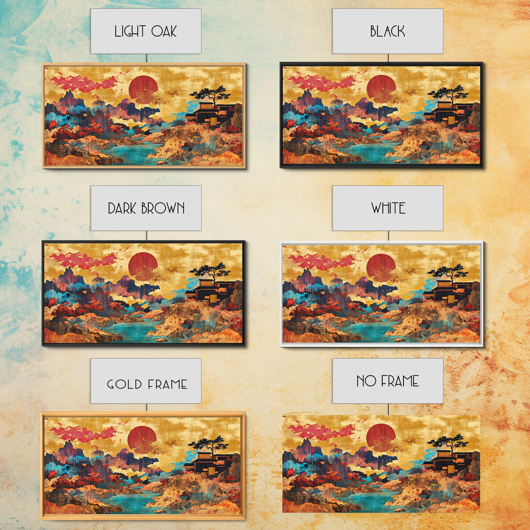 Red Sun Mountain River Wall Art, Japanese Landscape Canvas, Asian Inspired Decor, Panoramic Print, Living Room Decor, Modern Home Decor