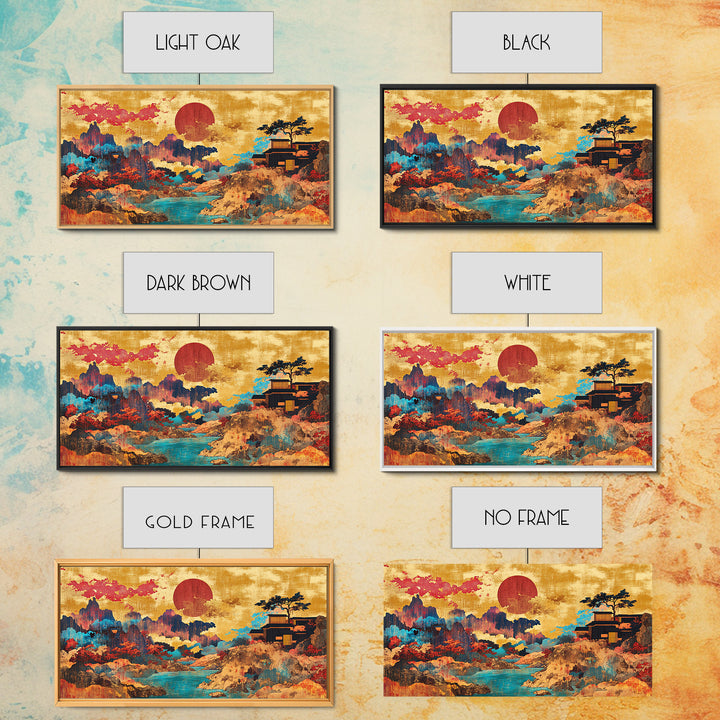 Red Sun Mountain River Wall Art, Japanese Landscape Canvas, Asian Inspired Decor, Panoramic Print, Living Room Decor, Modern Home Decor