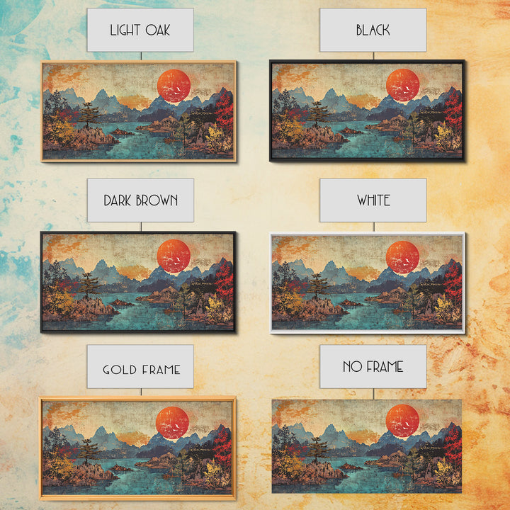 Red Sun Mountain Lake Wall Art, Japanese Landscape Print, Panoramic Canvas, Moody Nature Decor, Living Room Decor, Home Decor