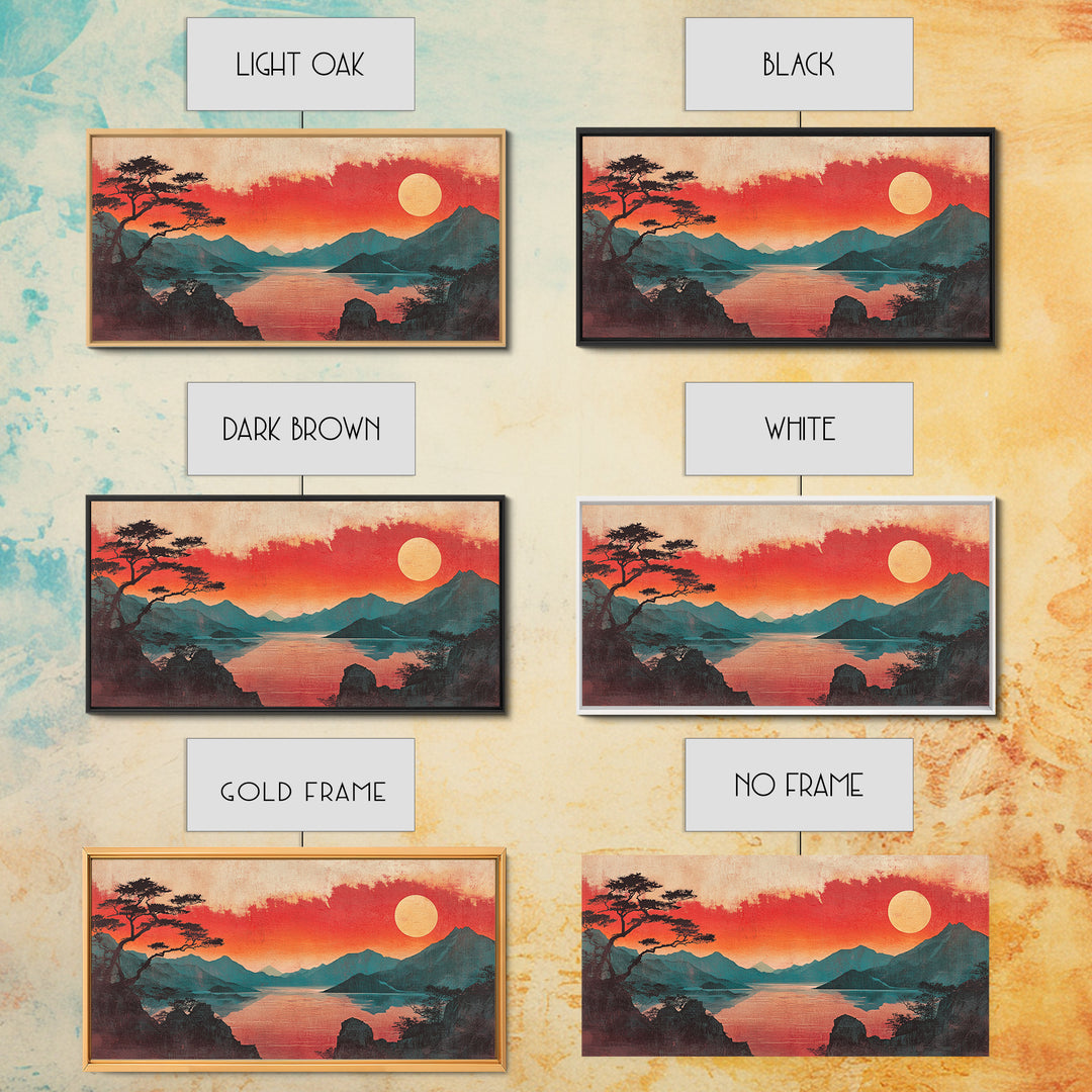 Crimson Sunset Mountain Lake Canvas Print, Japanese Landscape Wall Art, Red Sky Decor, Panoramic Living Room Decor, Home Decor