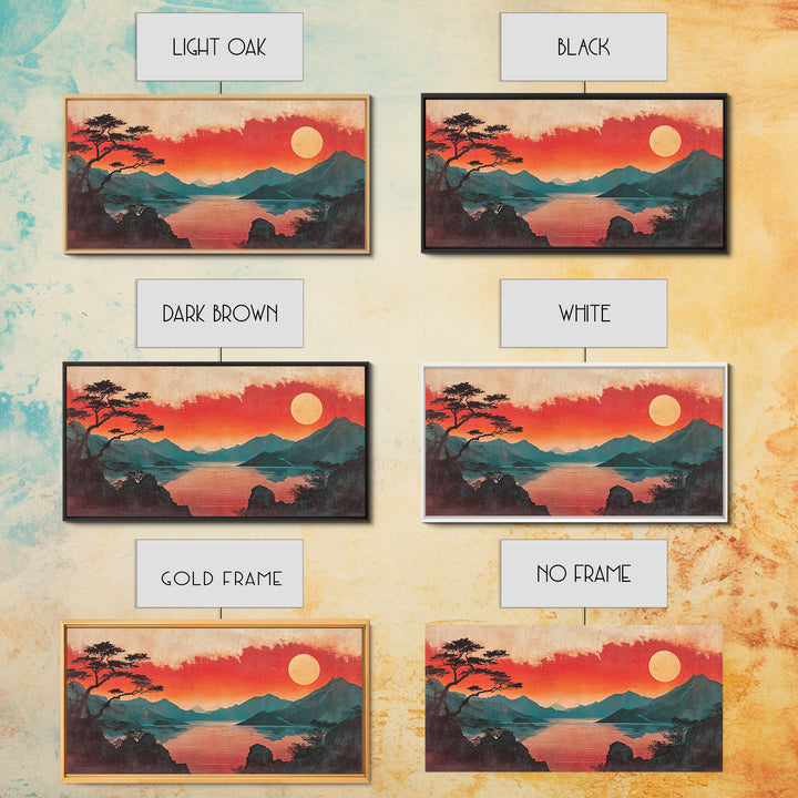 Crimson Sunset Mountain Lake Canvas Print, Japanese Landscape Wall Art, Red Sky Decor, Panoramic Living Room Decor, Home Decor