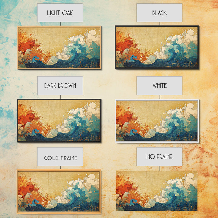 Fiery Orange And Blue Japanese Wave Canvas Print, Ocean Wall Art, Abstract Seascape For Coastal Home Decor And Living Room Decor