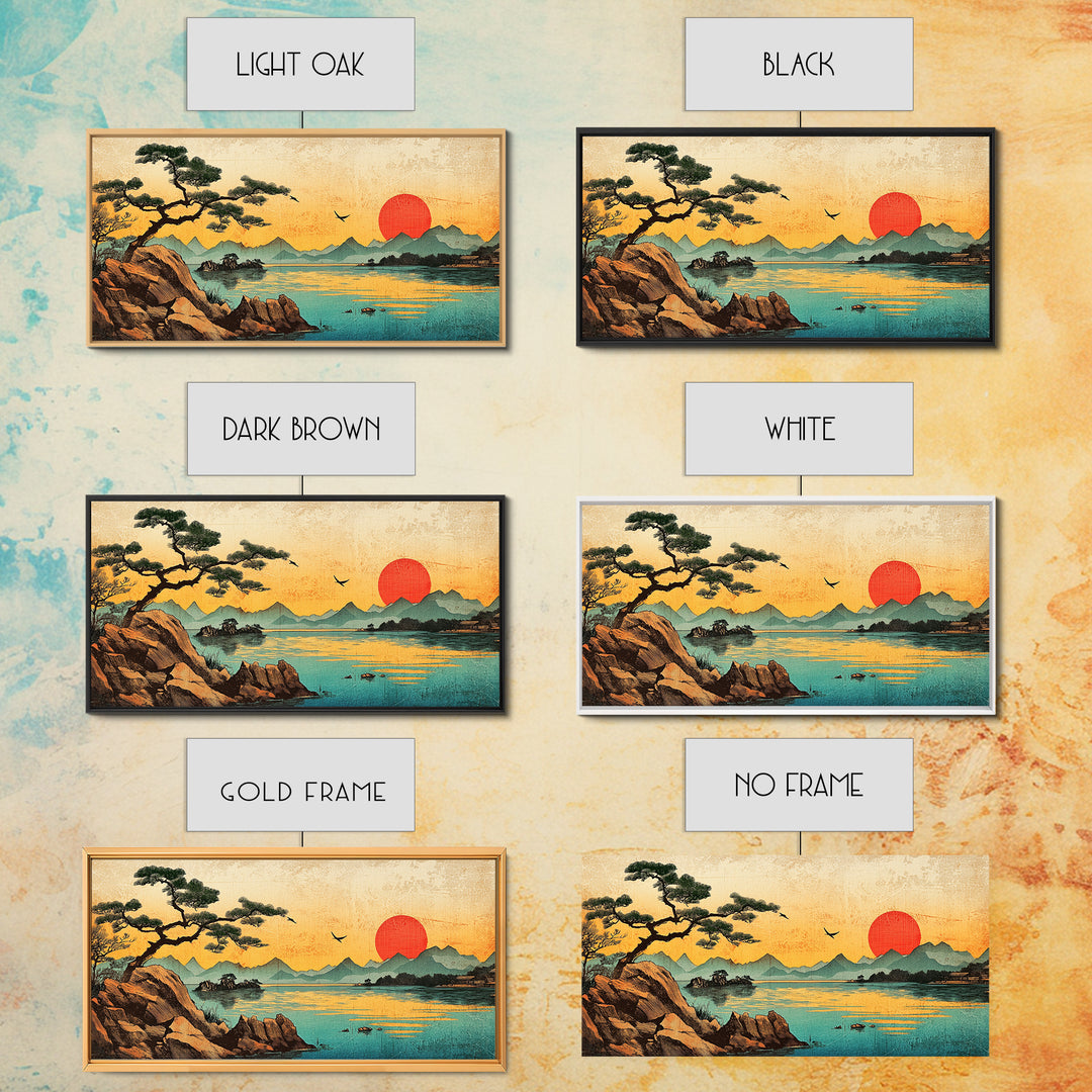 Pine Tree Sunset Over Mountain Lake Wall Art, Japanese Landscape Canvas Print For Zen Decor And Coastal Living Room Decor