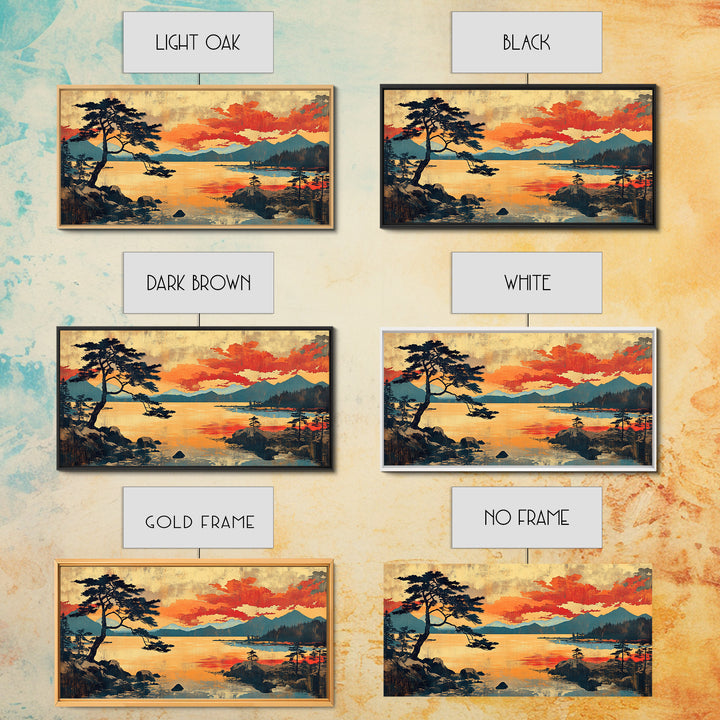 Orange Sunset Pine Lake Wall Art, Japanese Woodblock Landscape Print, Rustic Cabin Decor, Large Nature Art For Living Room