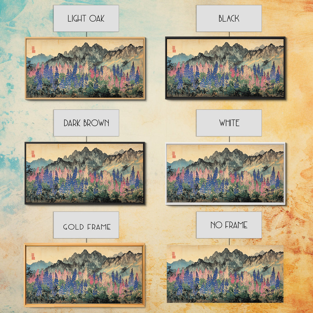 Colorful Lupine Meadow Below Ink Mountains Wall Art, Japanese Landscape Print, Botanical Home Decor, Large Living Room Wall Art