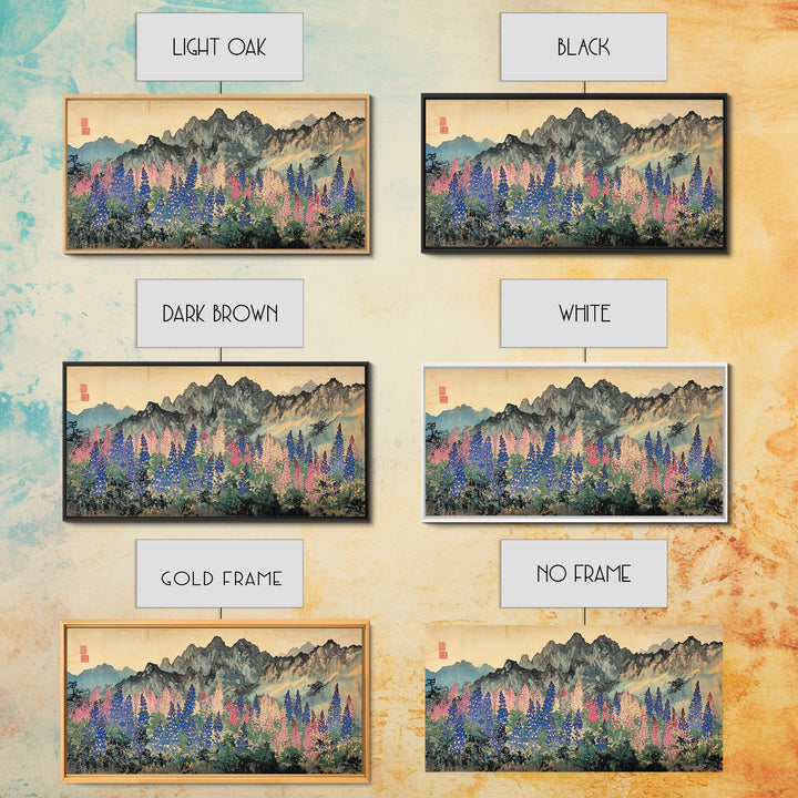 Colorful Lupine Meadow Below Ink Mountains Wall Art, Japanese Landscape Print, Botanical Home Decor, Large Living Room Wall Art