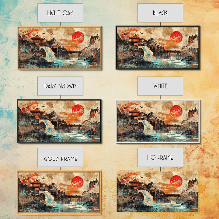 Red Sun Temple Waterfall Over Mountain Lake Wall Art, Japanese Landscape Canvas Print, Asian Zen Decor, Large Living Room Art