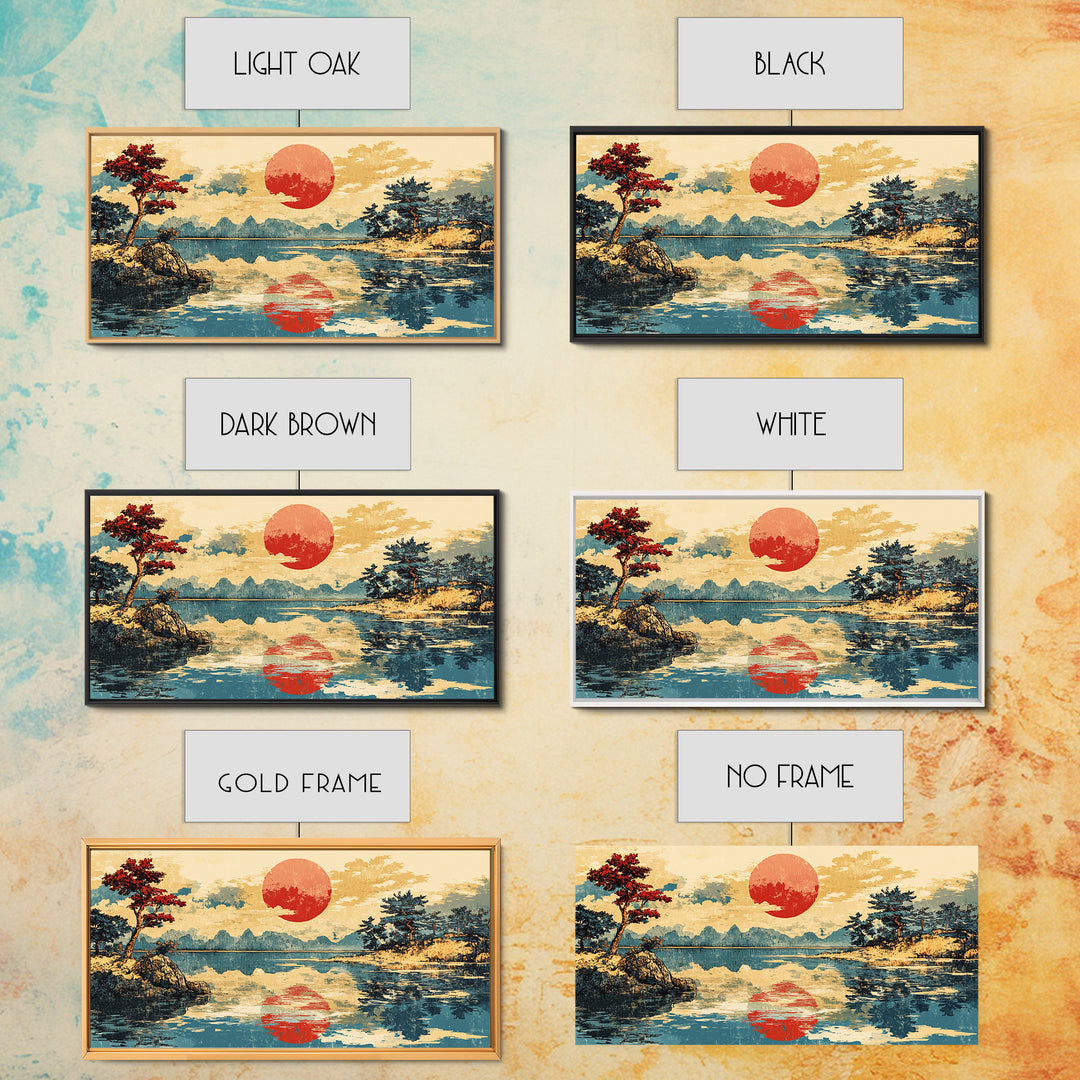 Red Sun Reflected On Serene Mountain Lake Wall Art, Japanese Landscape Canvas Print, Coastal Zen Decor, Large Living Room Art