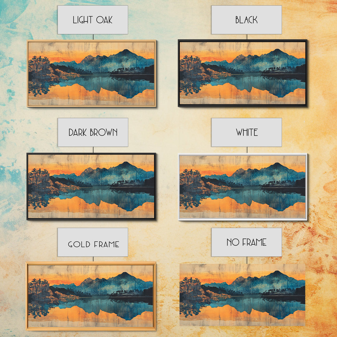 Moody Mountain Lake Reflection Wall Art, Blue Orange Landscape Canvas Print, Rustic Cabin Decor, Large Living Room Art Gift