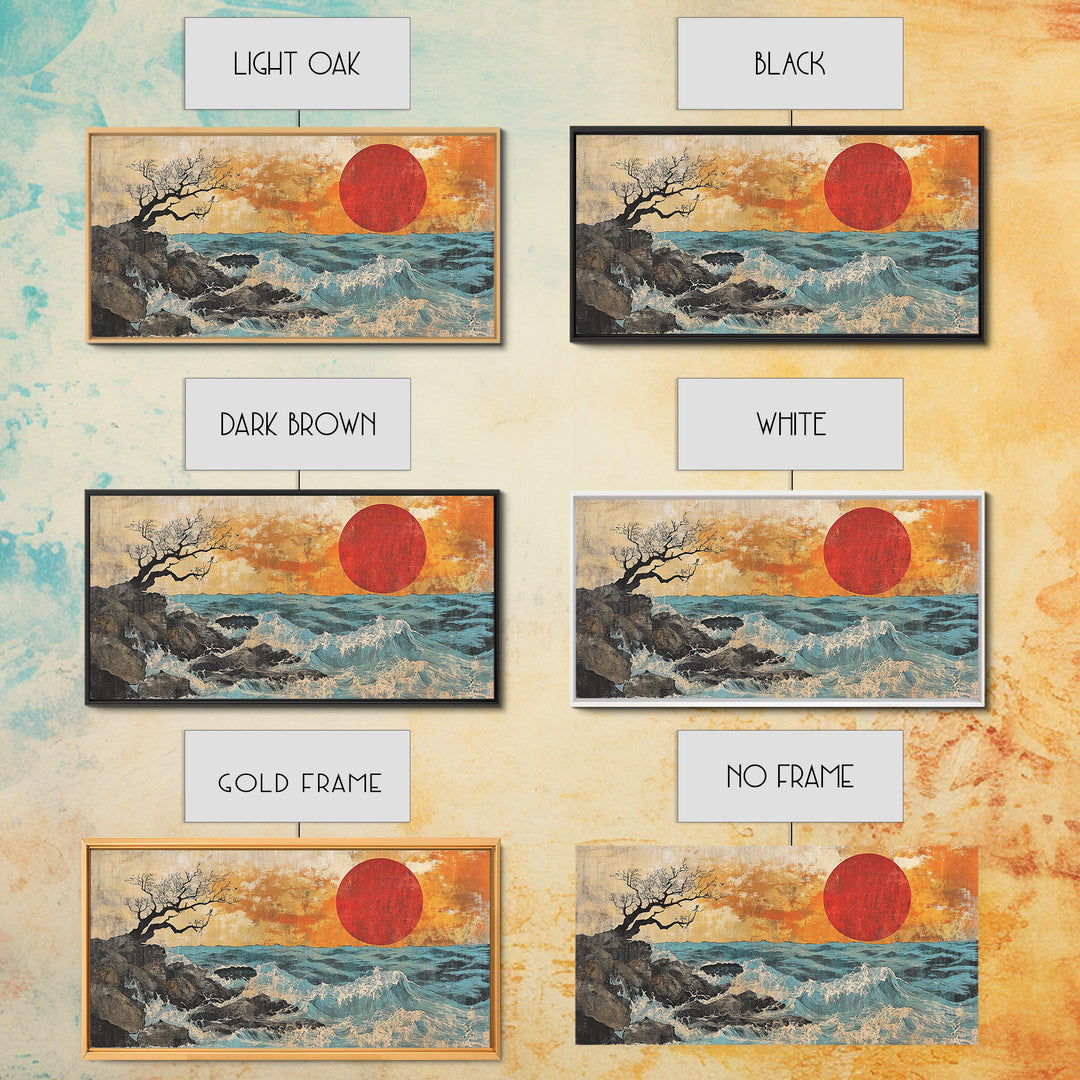Rocky Ocean Red Sun Seascape Wall Art, Coastal Canvas Print, Japanese Style Wave Decor, Beach House Living Room Housewarming Gift