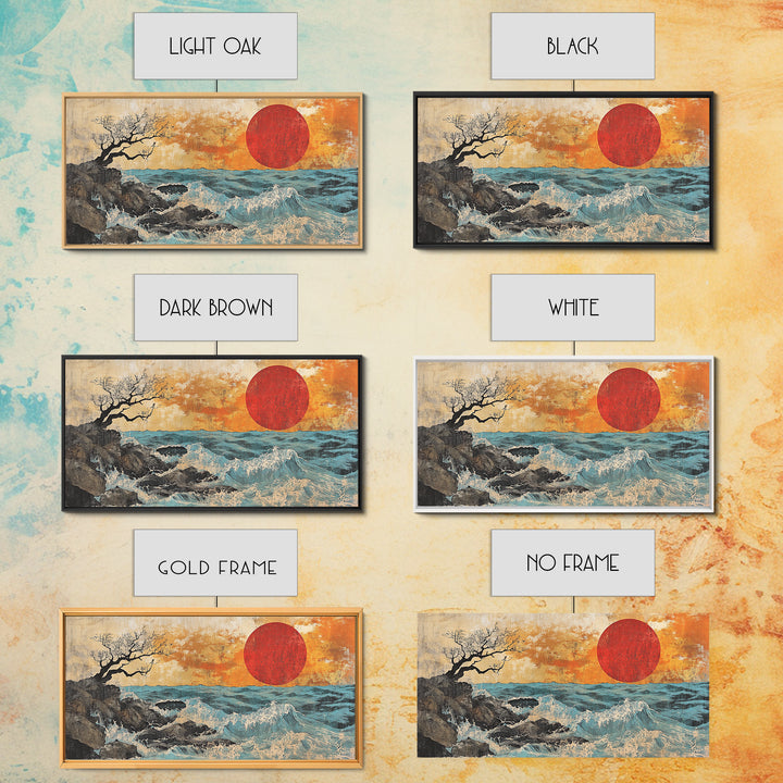Rocky Ocean Red Sun Seascape Wall Art, Coastal Canvas Print, Japanese Style Wave Decor, Beach House Living Room Housewarming Gift