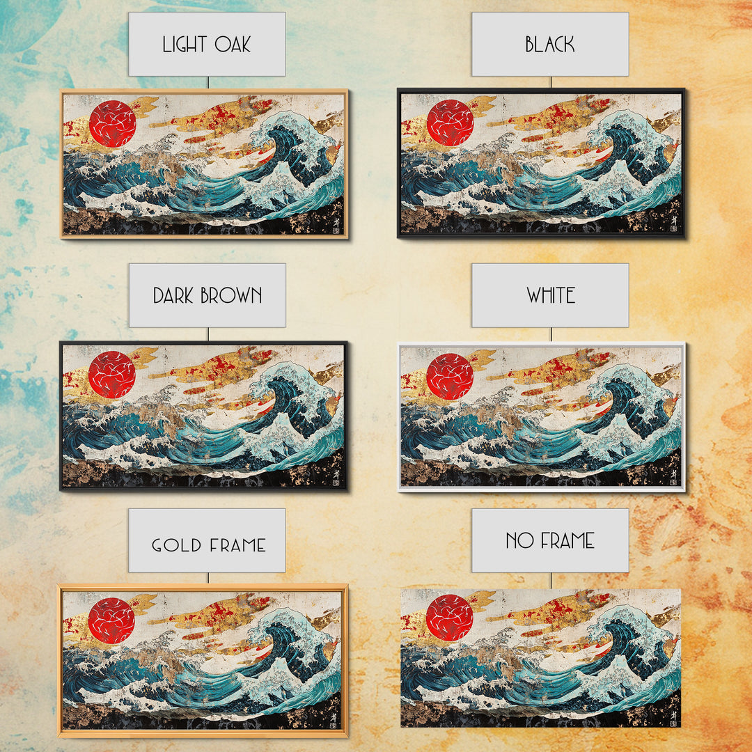 Red Sun Great Wave, Japanese Ocean Framed Canvas Print, Ukiyo E Wall Art, Coastal Decor, Large Living Room Statement Art