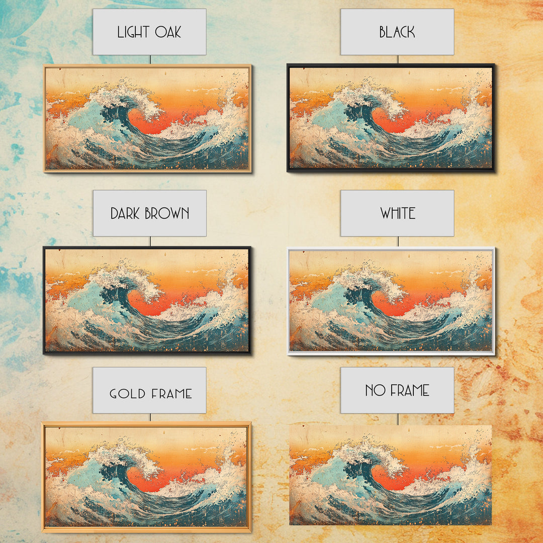 Curling Turquoise Wave, Orange Sky Canvas Print, Japanese Ocean Wall Art, Coastal Bathroom Decor, Beach House Gift, Living Room Decor
