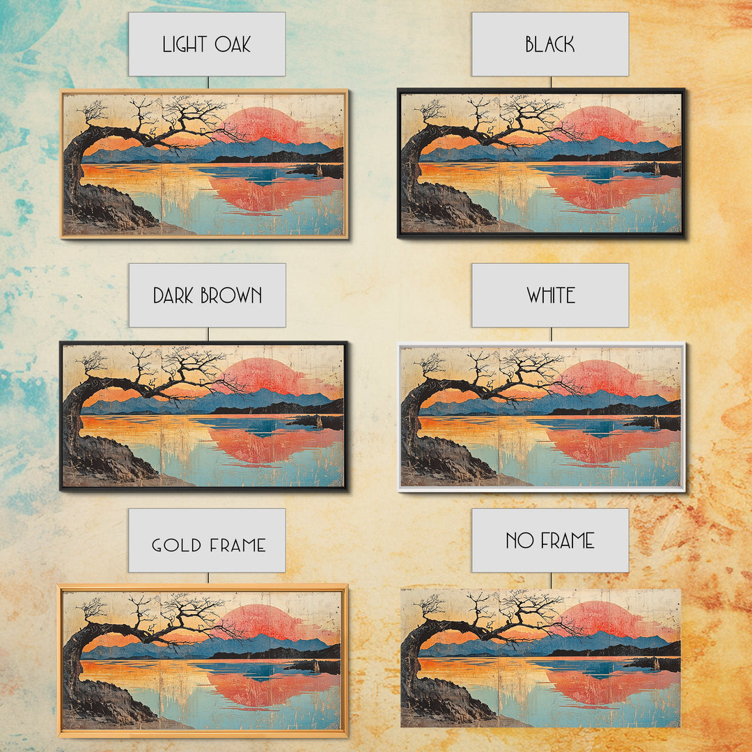 Bare Tree Lake Sunset Wall Art, Japanese Inspired Landscape Print, Serene Coastal Decor, Large Horizontal Canvas Print Art