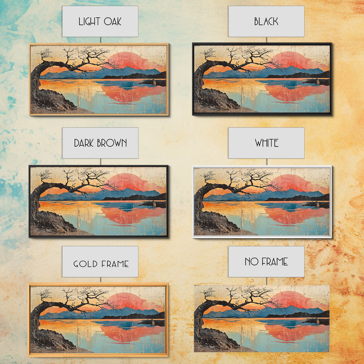 Bare Tree Lake Sunset Wall Art, Japanese Inspired Landscape Print, Serene Coastal Decor, Large Horizontal Canvas Print Art