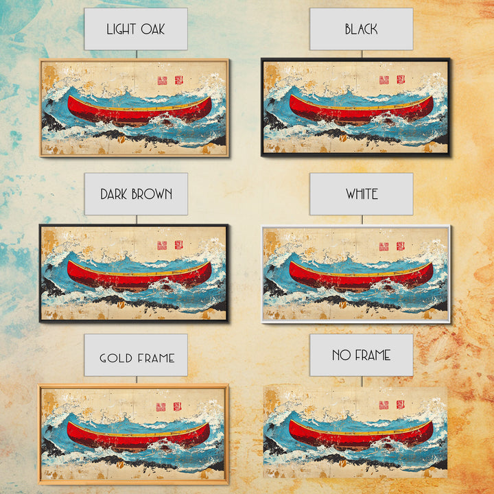 Red Canoe Ocean Waves Wall Art, Japanese Nautical Canvas Print, Coastal Adventure Decor, Beach House Wall Decor Gift Idea