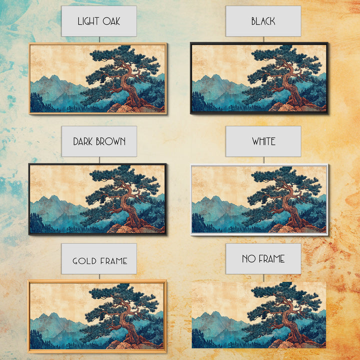 Ancient Pine Mountain Landscape Wall Art, Japanese Nature Canvas Print, Blue Forest Decor, Japandi Wall Art, Large Horizontal Print