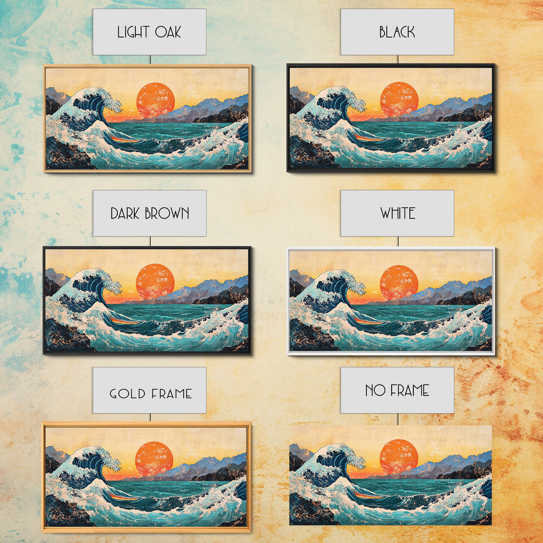 Great Wave With Orange Sun Canvas Print, Japanese Ocean Wall Art, Coastal Landscape Decor For Living Room Above Sofa Housewarming Gift