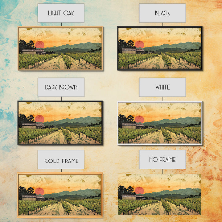 Sunset Vineyard Rows And Mountains Canvas Print, Winery Wall Art, Wine Country Decor, Rustic Landscape Art For Dining Room