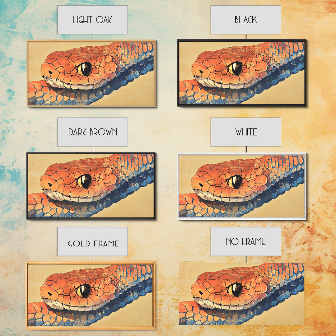 Orange And Blue Snake Closeup Framed Canvas Print, Reptile Wall Art, Wildlife Art, Bold Nature Decor, Masculine Home Decor