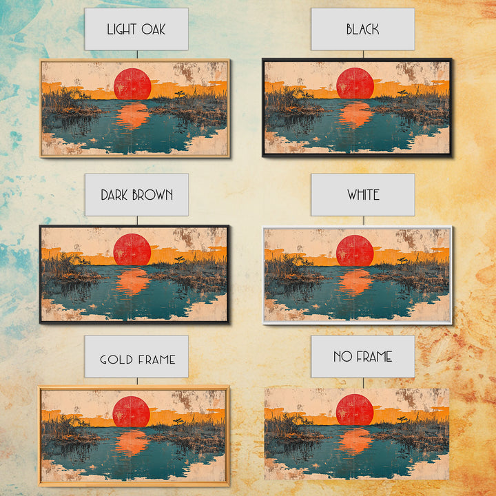 Red Sun Reflected In Marsh Water Canvas Print, Japanese Wall Art, Abstract Landscape, Zen Home Decor, Sunrise Wall Art, Japandi Decor