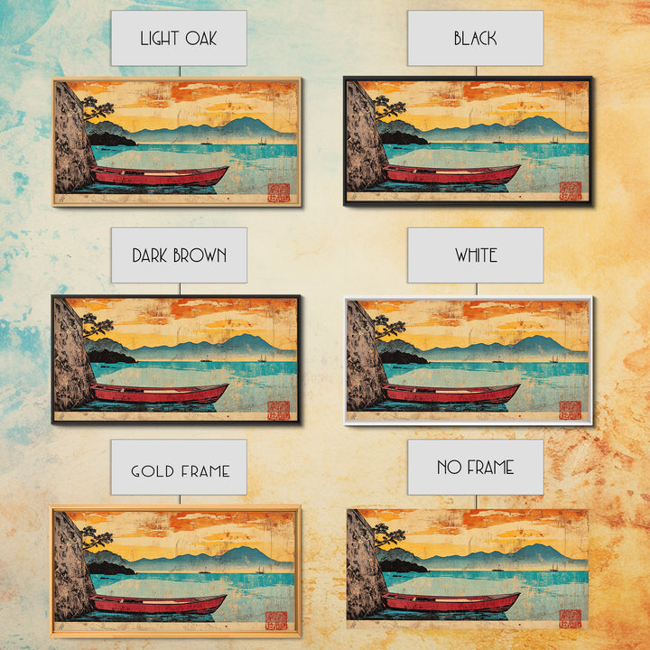Red Boat On Turquoise Lake Framed Canvas Print, Japanese Landscape Wall Art, Orange Sunset Decor, Coastal Living Room Art