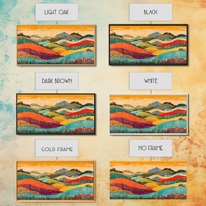 Colorful Rolling Hills And Wildflower Valley Wall Art, Modern Landscape Art Print, Boho Living Room Decor, Housewarming Gift