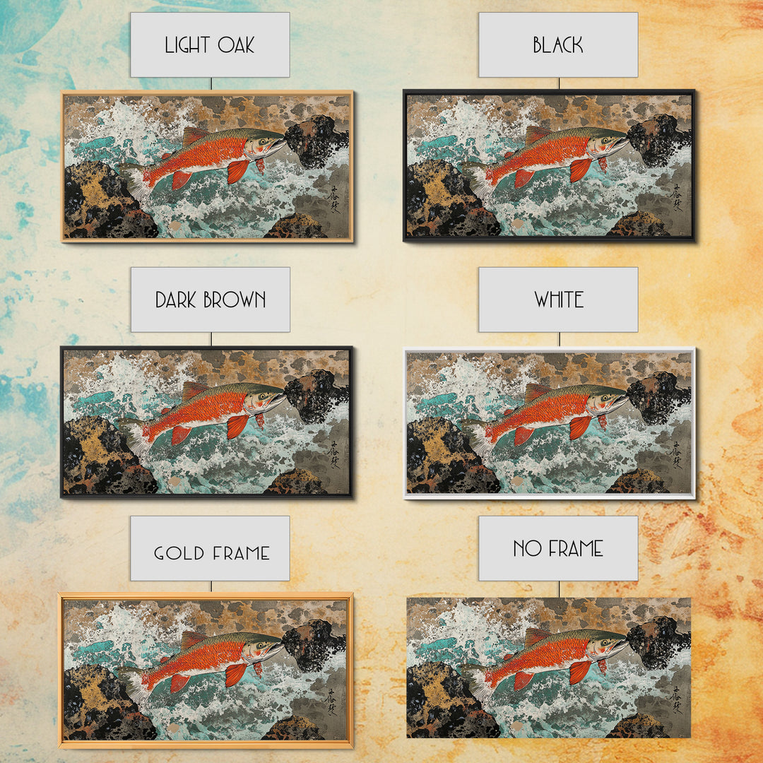 Red River Fish Among Rocks Framed Canvas Print, Japanese Gyotaku Wall Art, Nautical Wildlife Decor, Angler Lake House Gift