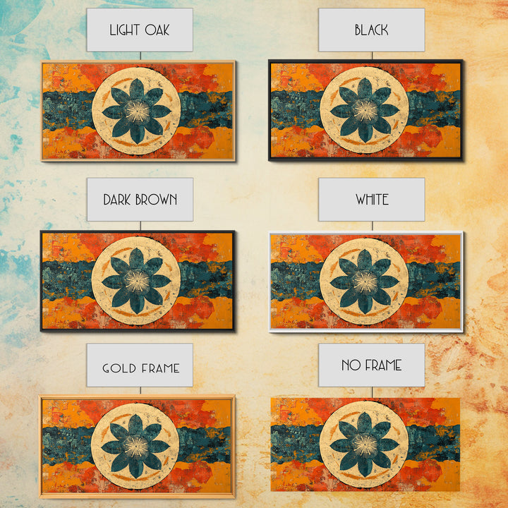 Teal Lotus Flower Circle Wall Art, Retro Abstract Canvas Print, Mid Century Modern Decor, Orange Blue Zen Home Decor, Statement Artwork