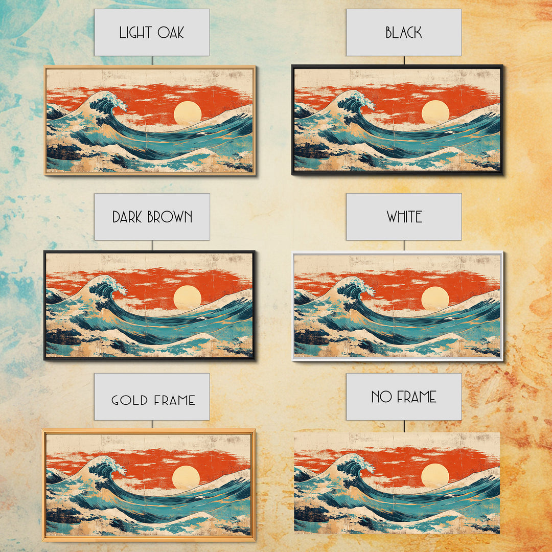 Japanese Great Wave Canvas Print, Red Sunset Ocean Wall Art, Ukiyo E Inspired Seascape, Coastal Living Room Decor, Home Decor