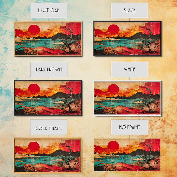 Red Sun Mountain Lake Wall Art, Japanese Sunset Landscape Canvas Print, Bold Desert Decor, Modern Living Room Statement Art