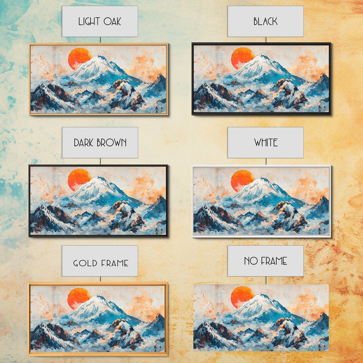 Snowy Blue Mountains And Rising Orange Sun Framed Canvas Print, Japanese Landscape Wall Art, Large Modern Living Room Decor