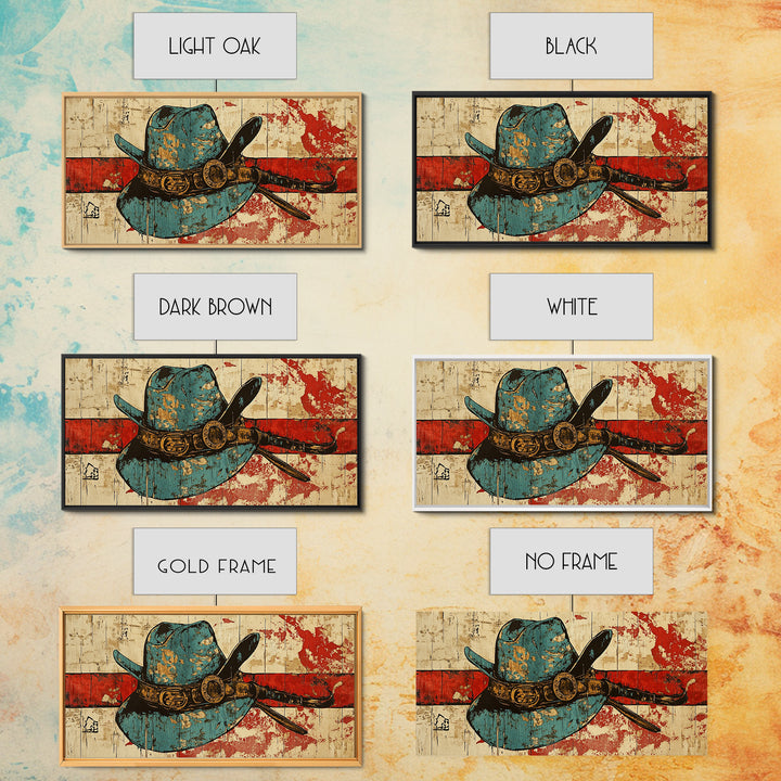 Turquoise Cowboy Hat And Lasso On Rustic Wood Wall Art, Western Canvas Print, Ranch Living Room Decor, Gift For Horse Lover