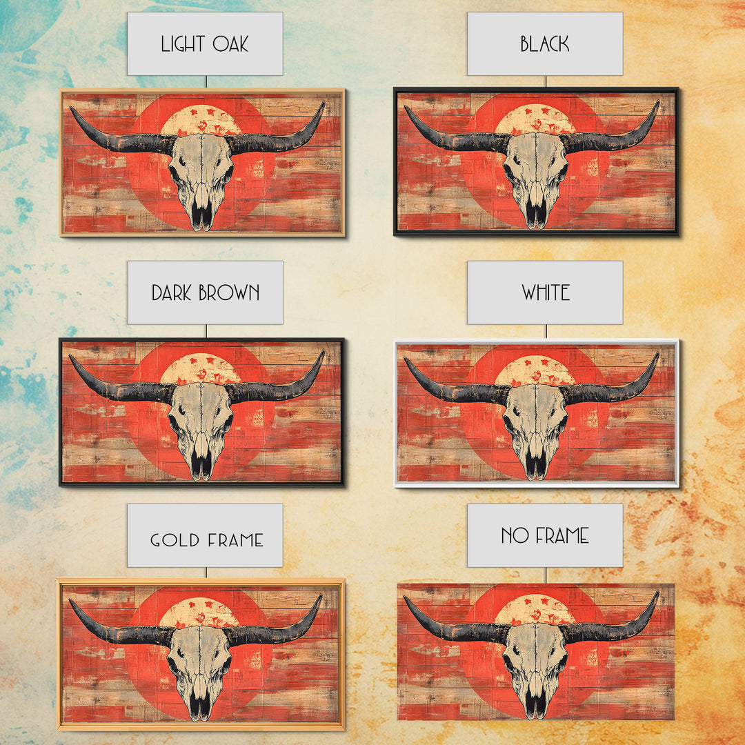 Longhorn Skull On Distressed Red Wood Wall Art, Western Framed Canvas Print, Rustic Cowboy Ranch Home Decor For Living Room