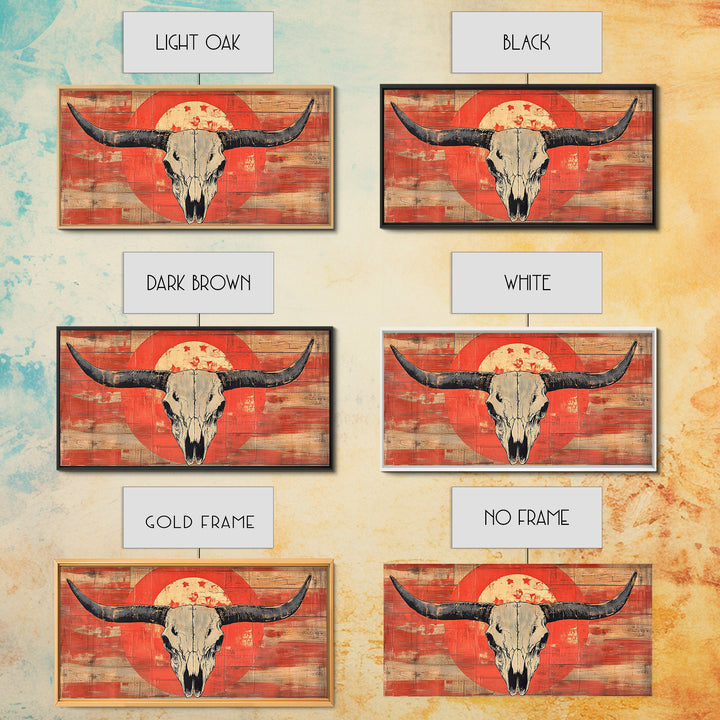 Longhorn Skull On Distressed Red Wood Wall Art, Western Framed Canvas Print, Rustic Cowboy Ranch Home Decor For Living Room