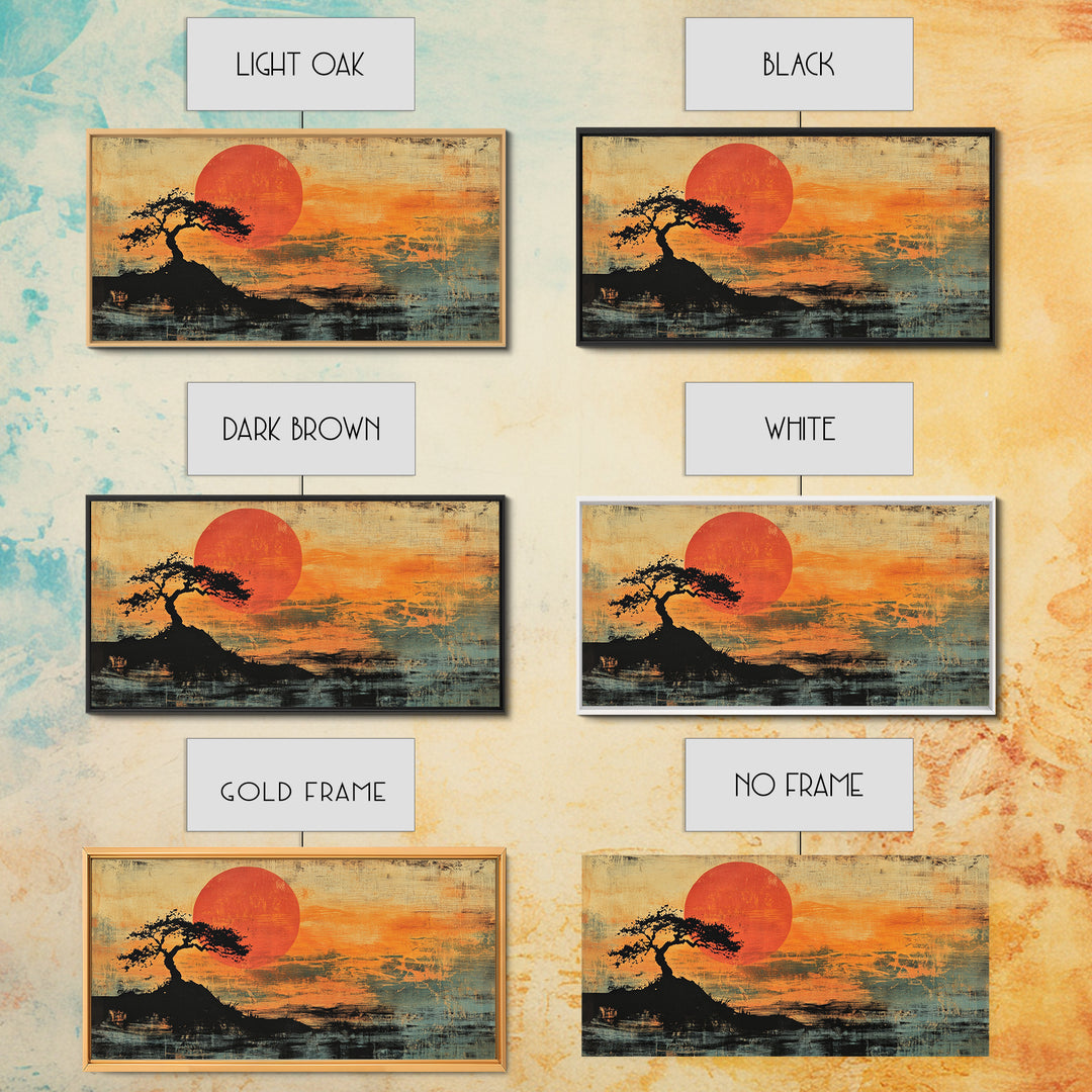 Solitary Tree Sunset Wall Art, Japanese Landscape Print, Moody Orange Coastal Decor, Panoramic Canvas Print For Living Room