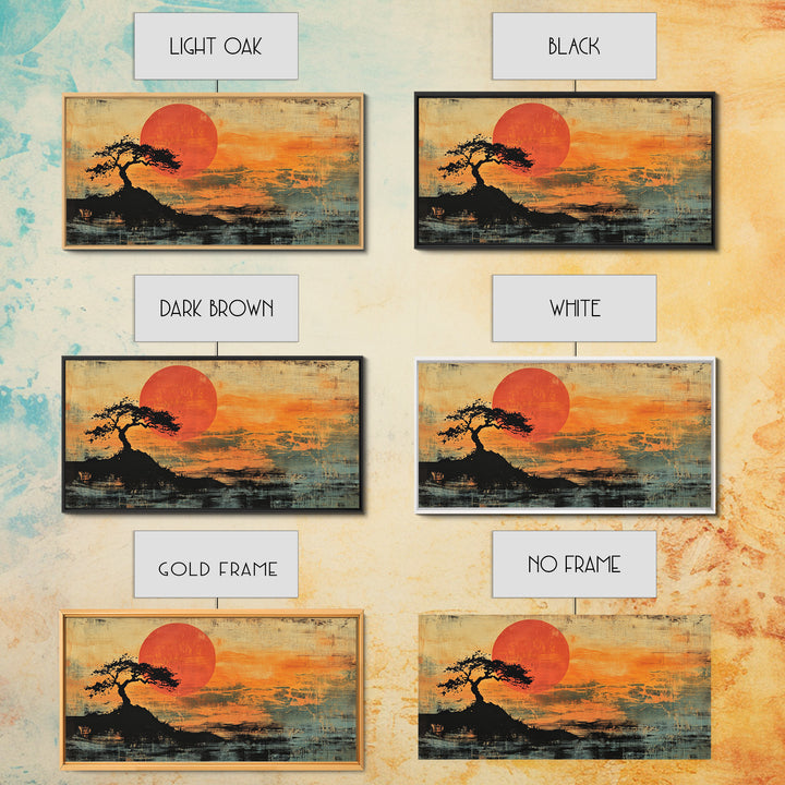 Solitary Tree Sunset Wall Art, Japanese Landscape Print, Moody Orange Coastal Decor, Panoramic Canvas Print For Living Room