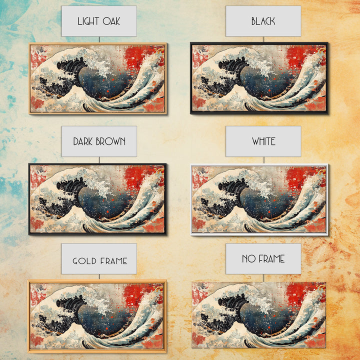 Great Wave With Red Sun Canvas Print, Japanese Ocean Wall Art, Hokusai Inspired Seascape, Coastal Living Room Decor Gift