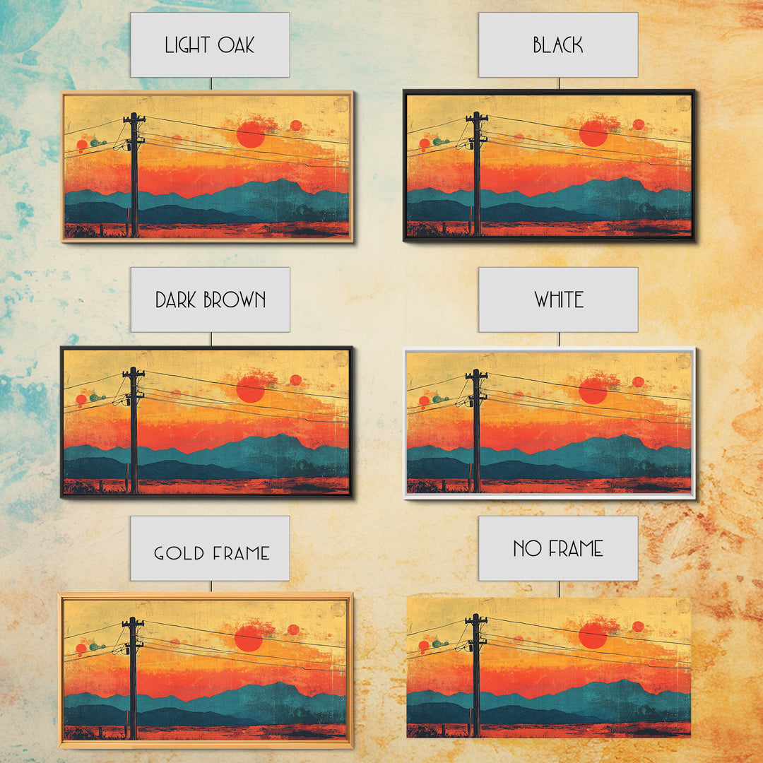 Telephone Poles At Orange Desert Sunset Wall Art, Retro Japanese Landscape Print, Mountain Decor, Mid Century Canvas Print