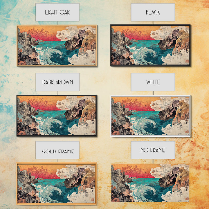 Rocky Cove With Turquoise Surf Wall Art, Japanese Coastal Seascape Print, Ocean Landscape Decor, Large Canvas Print Gift