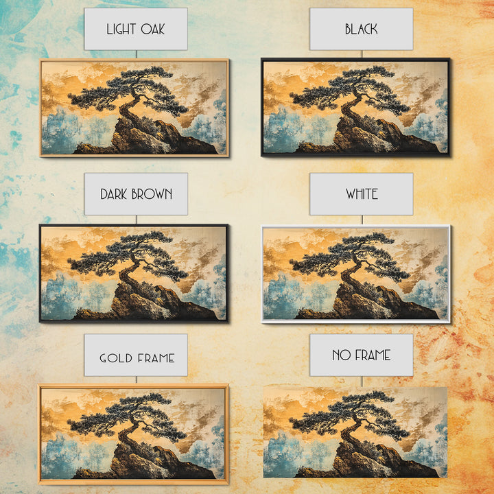 Twisted Bonsai On Golden Cliff Wall Art, Japanese Zen Landscape Print, Asian Inspired Decor, Teal Gold Living Room Art Print