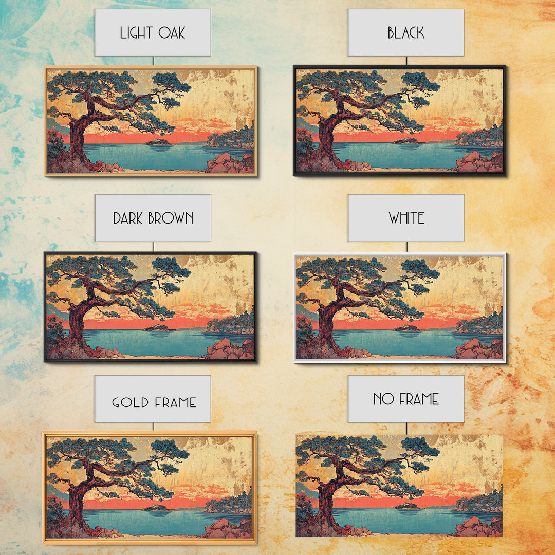 Coastal Pine Tree At Coral Sunset Framed Canvas Print, Japanese Seascape Wall Art, Teal Ocean Decor, Above Sofa Art Print