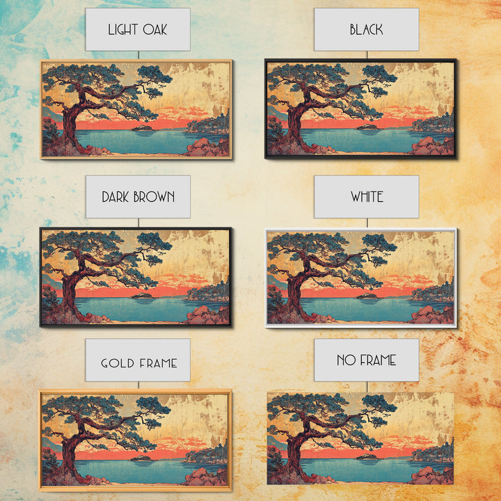 Coastal Pine Tree At Coral Sunset Framed Canvas Print, Japanese Seascape Wall Art, Teal Ocean Decor, Above Sofa Art Print