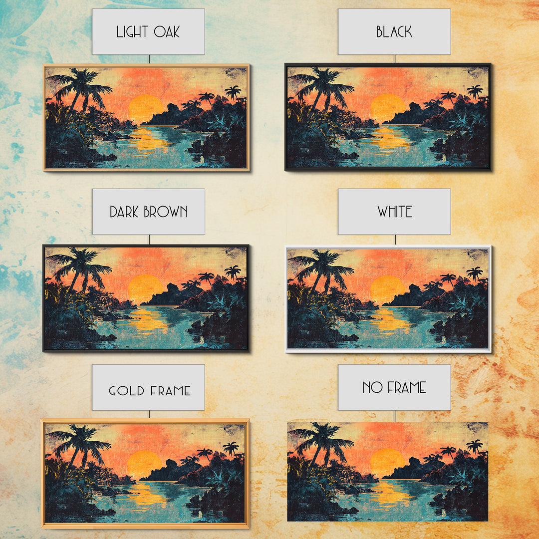 Tropical Lagoon Sunset With Palm Trees Canvas Print, Coastal Wall Art, Island Decor, Vibrant Beach House Living Room Art