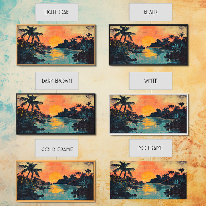 Tropical Lagoon Sunset With Palm Trees Canvas Print, Coastal Wall Art, Island Decor, Vibrant Beach House Living Room Art