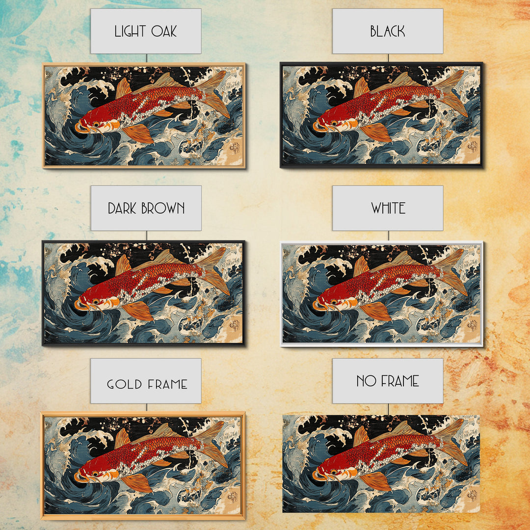 Red Koi Fish Swimming Through Stormy Waves Wall Art, Japanese Coastal Canvas Print, Nautical Living Room Decor Gift For Him