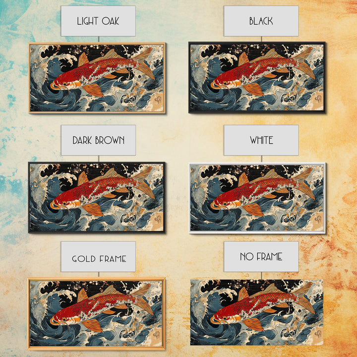 Red Koi Fish Swimming Through Stormy Waves Wall Art, Japanese Coastal Canvas Print, Nautical Living Room Decor Gift For Him